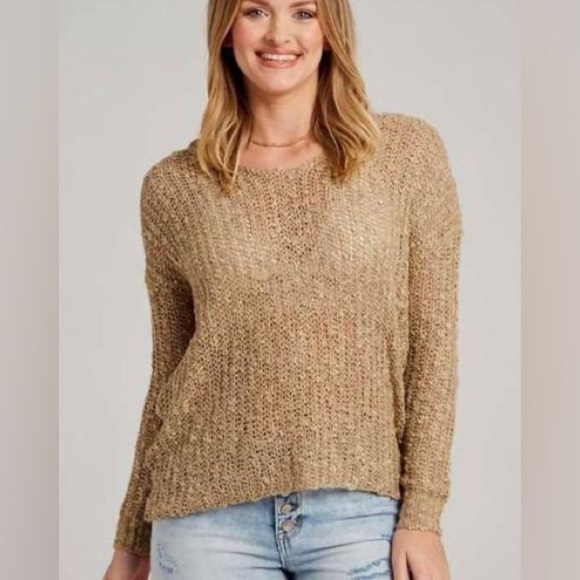 Kensie Pieces Crochet Boucle Chunky Knit Sweater Carmel Brown Women Sz Small - Picture 1 of 9